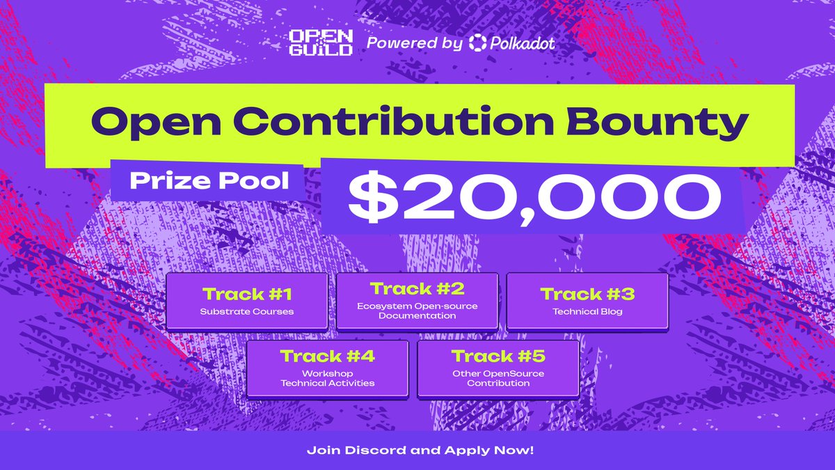 Hello, talented <a href="/Polkadot/">Polkadot</a> OpenGuild builders!

We've got a $20,000 USDC bounty up for grabs!!!

Join challenges, earn prizes, and show your talent.

Benefits:
💎Up to $20,000 in prizes!
🌟Featured on OpenGuild's Website 
📣Shoutout from OpenGuild Twitter
🤝Networking &amp; career