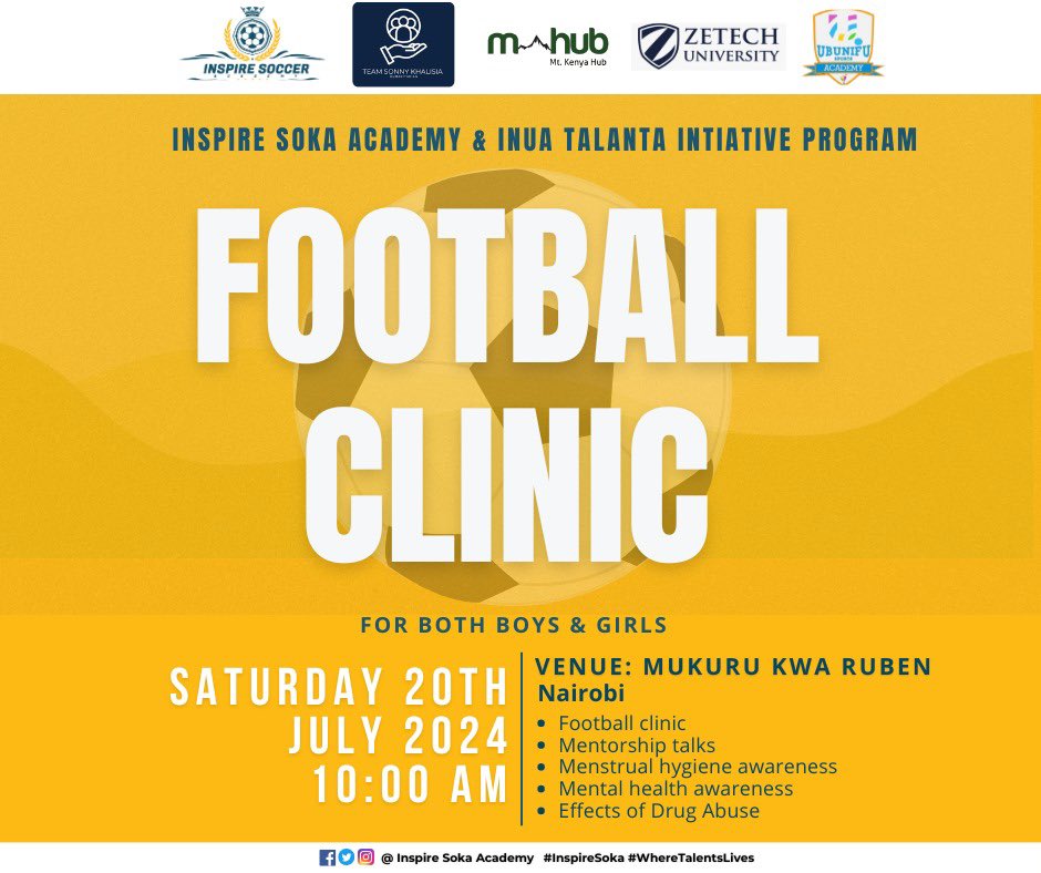 InspireSoka's tweet photo. Calling all boys and girls for an enriching day filled with Inspire Soka Academy &amp; the Inua Talanta Initiative Program! 🌟⚽

📅 Date: Saturday, 20th July
📍 Venue: Mukuru kwa Ruben
⏰ Time: 10 AM

Don’t miss this opportunity to grow, learn, and play! 

#WhereTalentLives https://t.co/q1PAYsSY2M