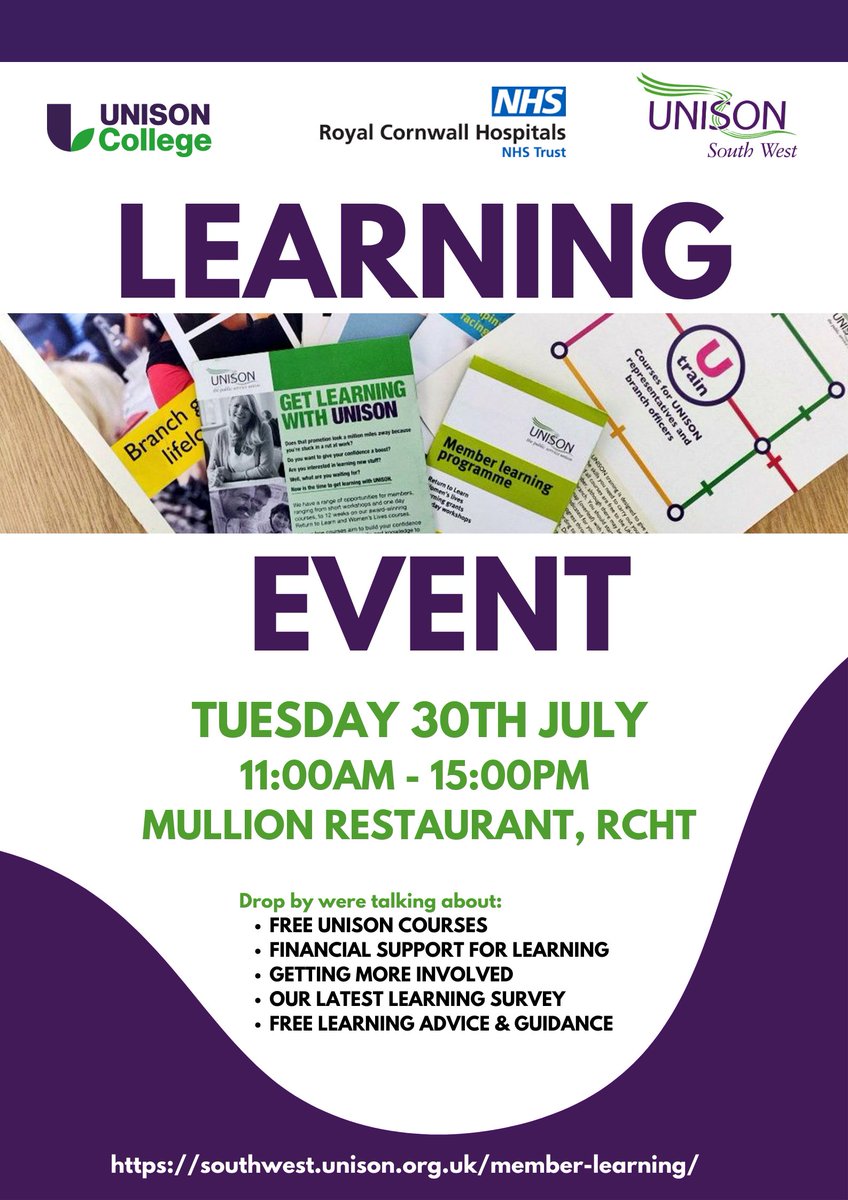 SW_EduEqual's tweet image. Tuesday 30th July - Do you work at Treliske? #cornwall Visit our Learning event in Mullions @RCHTWeCare @UNISONCAH