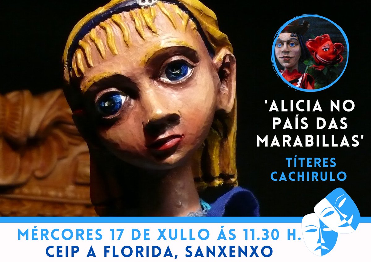 Cachirulooo's tweet image. Non perdas a obra de monicreques “Alicia no País das Marabillas” por Títeres Cachirulo! 🌟✨

📅 Mércores 17 de Xullo
🕥 11:30 h
📍 CEIP A Florida, Sanxenxo

#Monicreques #AliciaNoPaísDasMarabillas #TíteresCachirulo #Sanxenxo #CulturaGalega #EventosGalicia #TeatroInfantil