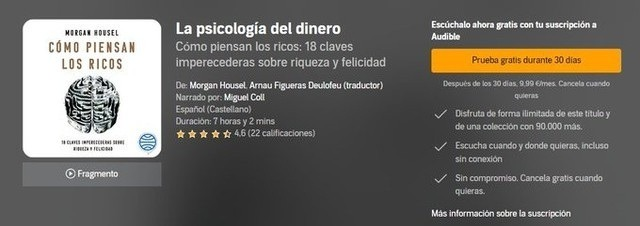 El libro está GRATIS en formato audiolibro de Amazon ( Junto a muchos otros grandes libros)

Con este enlace afiliado tienes 30 días gratis en audible. 90 días si eres usuario de Amazon Prime.

Audible -> amazon.es/hz/audible/mlp…