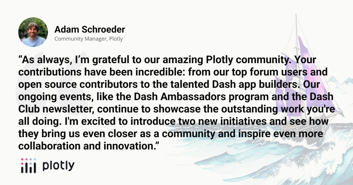 plotlygraphs's tweet photo. Plotly Ships is happening next Wednesday! 🛳️ Adam Schroeder, Plotly Community Manager, will be joining as one of the speakers. Adam plays a critical role in engaging and supporting the #PlotlyCommunity. He has led the growth of #Dash to over 2 million monthly downloads and co-authored "The Book of Dash" to provide another learning method for people who want to build apps with Dash.
It’s not too late to register! Hear from Adam at our launch event as he shares exciting community updates and programs. https://t.co/Udrgb8F1b9