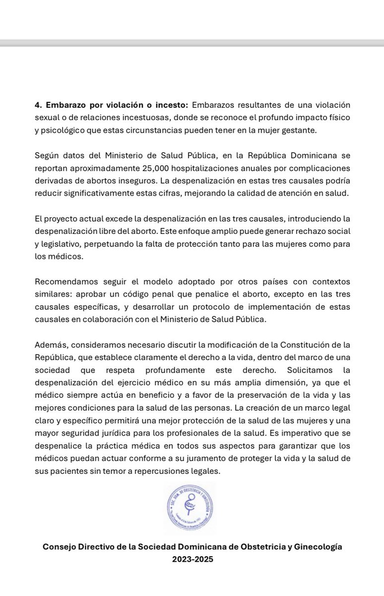 Comunicado de la Sociedad de Ginecología y Obstetricia Dominicana respecto a las 3 causales.