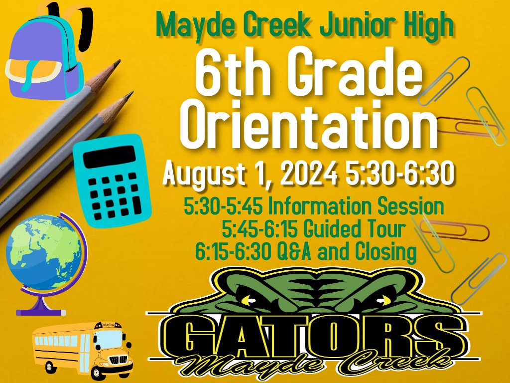 MCJHGators's tweet photo. Gator Community......We are excited! It's time for 6th Grade Orientation on Thursday, August 1st. All coming 6th graders @mcegators @schmalzsharks @RESRocketsKaty @FranzFirebirds #wolfelementary #maydeforthis #maydeusproud #maydeforthis #maydemyday #mcjhstrongertogether #katyisd https://t.co/PNHyqa6yzS
