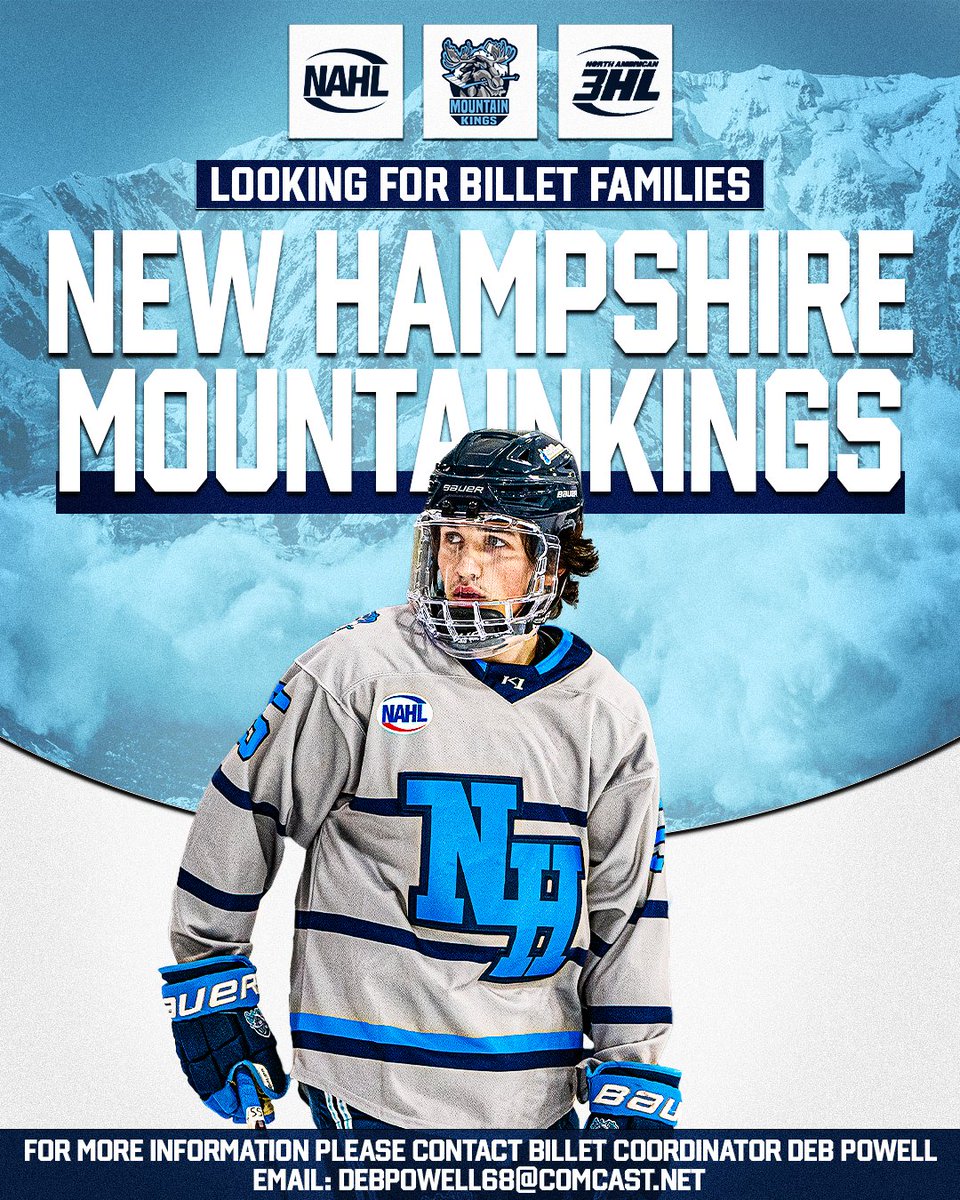 nhmountainkings's tweet image. Interested in helping a young athlete chase his dreams of playing college hockey? We are currently looking for a couple more billet families to host hockey players  🏒⁠
⁠
For more details please email our billet coordinator Deb Powell👇👇👇debpowell68@comcast.net