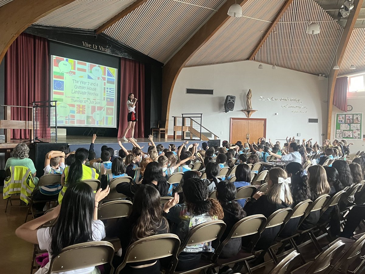 GumleyMfl's tweet photo. We were joined today by almost 100 local year 4 children who thoroughly enjoyed the performances at our Year 7 and 8 Language Festival – Well Done Everyone! https://t.co/ezh2CzAnkb