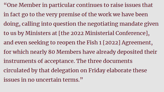 CoppetainPU's tweet photo. WTO fisheries subsidies chair @einar_gunn says India (without identifying it) stands in the way of consensus agreement.

He told ambassadors yesterday that India’s demands would re-open the 2022 agreement which almost 80 countries have ratified

https://t.co/HQ3agyOT6k https://t.co/s1wuEdQcOV