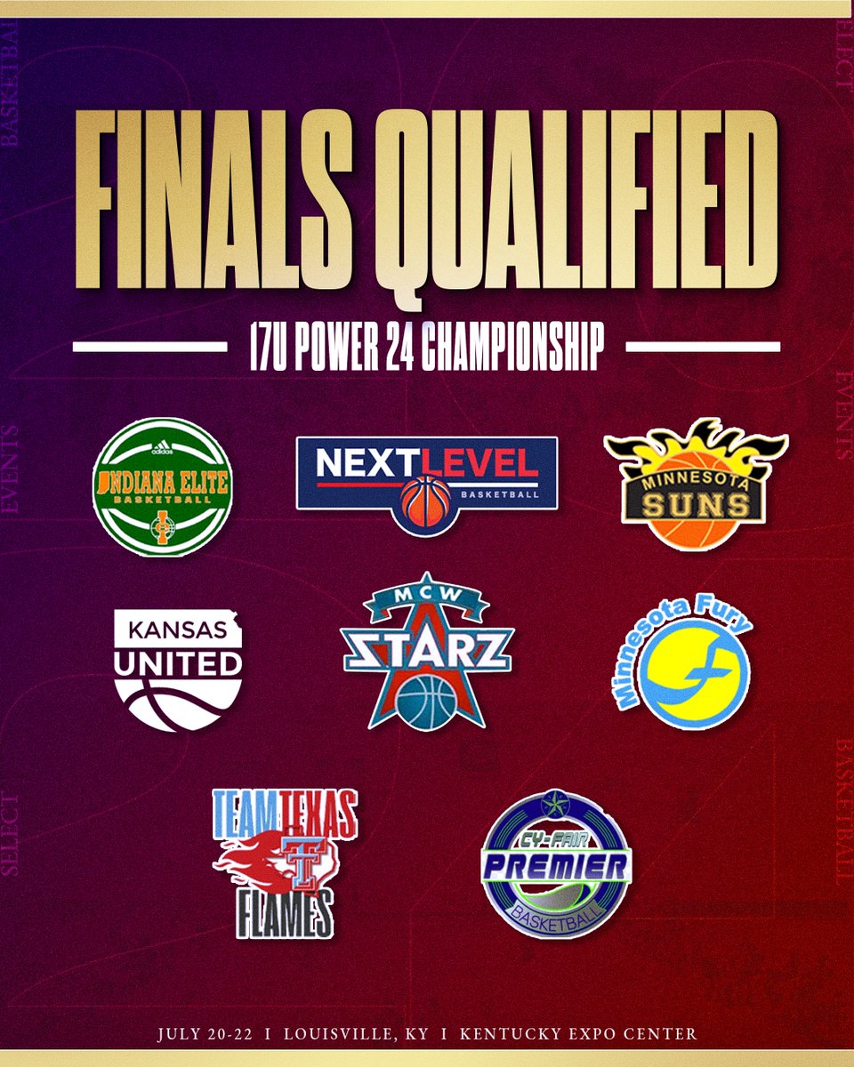 Select Events Basketball (@selecteventsbb) on Twitter photo Select 40 ➡️ Power 24 Finals
The final 8 spots have been EARNED 🏆
@IndianaEliteWBB
<a href="/NextLevelNKY/">Next Level Girls Basketball</a>
<a href="/MNSunsbball/">MNSuns</a>
<a href="/kansas_united/">Kansas United</a>
<a href="/MCWSTARZ/">MCW STARZ</a>
<a href="/FuryPremier/">Minnesota Fury S40</a>
<a href="/teamtexasbball/">Texas Hoops Society (THS)</a>
<a href="/cyfairpremier/">CyFair Premier</a> Select 40 ➡️ Power 24 Finals
The final 8 spots have been EARNED 🏆
@IndianaEliteWBB
<a href="/NextLevelNKY/">Next Level Girls Basketball</a>
<a href="/MNSunsbball/">MNSuns</a>
<a href="/kansas_united/">Kansas United</a>
<a href="/MCWSTARZ/">MCW STARZ</a>
<a href="/FuryPremier/">Minnesota Fury S40</a>
<a href="/teamtexasbball/">Texas Hoops Society (THS)</a>
<a href="/cyfairpremier/">CyFair Premier</a>