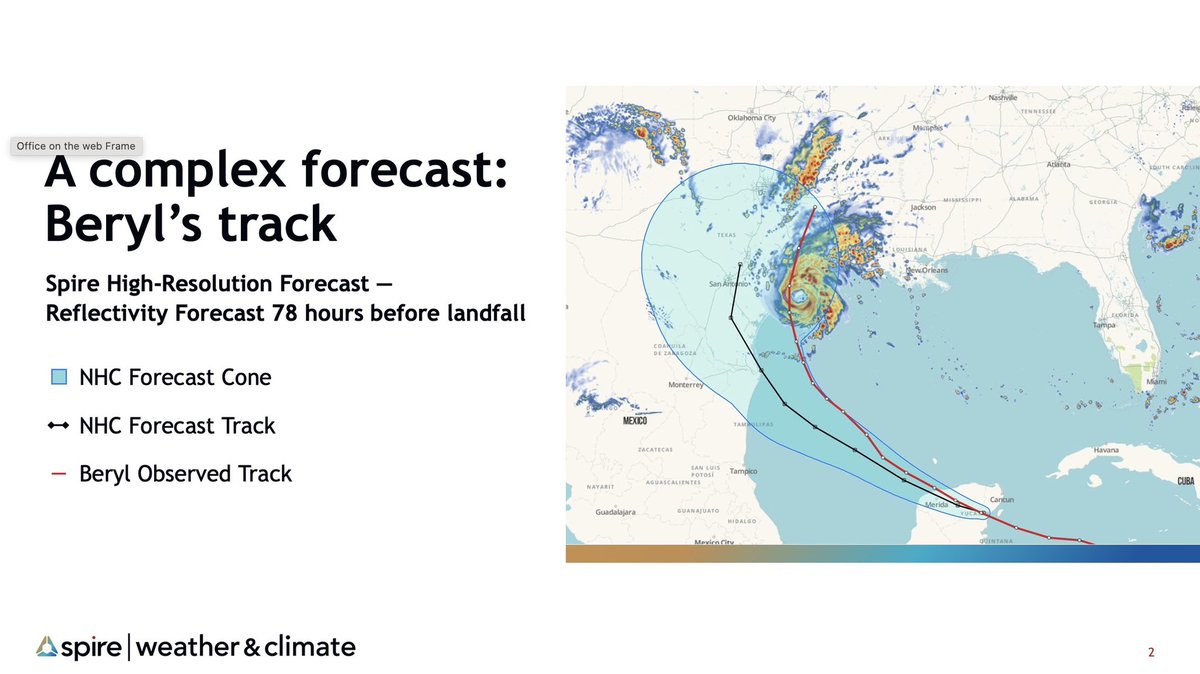 JamesVanFleet's tweet photo. 78 hours before landfall, @SpireWxClimate Hi Resolution Model had Hurricane Beryl within 25 miles (40km) of where it finally came ashore in Texas the following Monday. Meteorologist colleagues, you can have a free trial of this Model. It is the only one in the world that is down to a 3km resolution, goes hour by hour, out of SIX days. Send me a DM and I’ll get you set up!