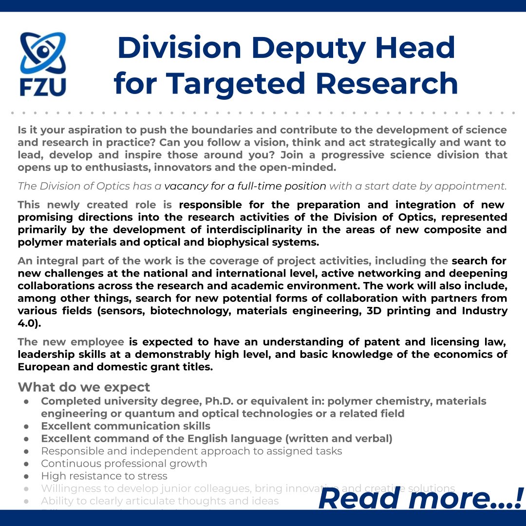 researchjobs_cz's tweet photo. Open position at the Institute of Physics of the Czech Academy of Sciences @FZU_AVCR: Division #DeputyHead for #TargetedResearch
Read more: https://t.co/2EJ4yaeEOz
#physics #polymerChemistry #materialsEngineering #quantumTechnologies #optics #patents #PhDrequired #Prague #jobs https://t.co/XrEjc8UDs5