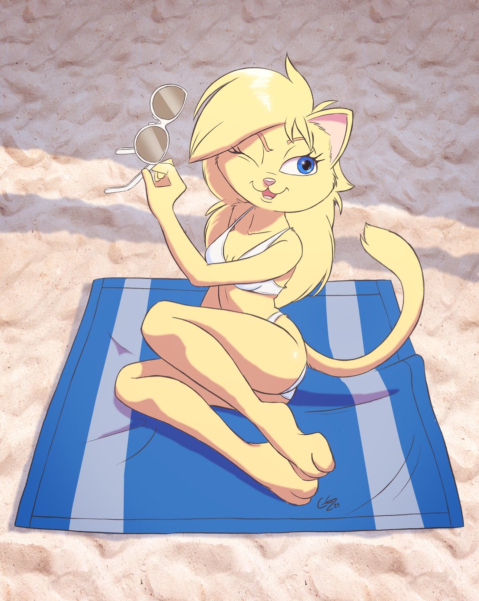 Allie the cat sit's on the beach a warm summer day. 
This was a gift to my Buddy @Hexteknik. I really like how it came out although it was a bit late.

#Cat #Beach #Yellow #Sunglasses #sexy #posing #winking #bikini #blanket #sand #pinup