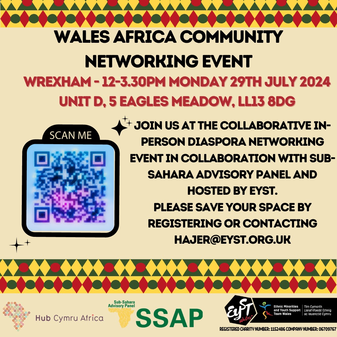 eystwales's tweet photo. We would like to invite you to this event with the Sub Saharan Advisory Panel (SSAP) - hoping to connect with the Sub Saharan diaspora in North Wales in partnership with EYST Wales.

Please register for this event here: https://t.co/PiGdRzKqzU https://t.co/tSfLzLSs4G
