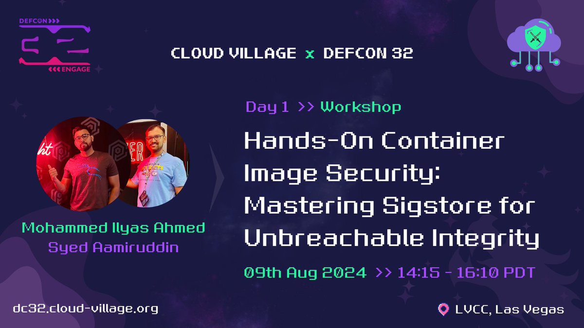 cloudvillage_dc's tweet photo. Don't miss our hands-on workshop at @defcon 32 with @beingilyasahmed and @syedaamiruddin!
Learn to secure your container images using #Sigstore tools #Cosign and #Rekor. Get practical insights and master image signing and verification in your #DevOps workflows. 🌟 

#DEFCON32 https://t.co/2SDAnty3Ge