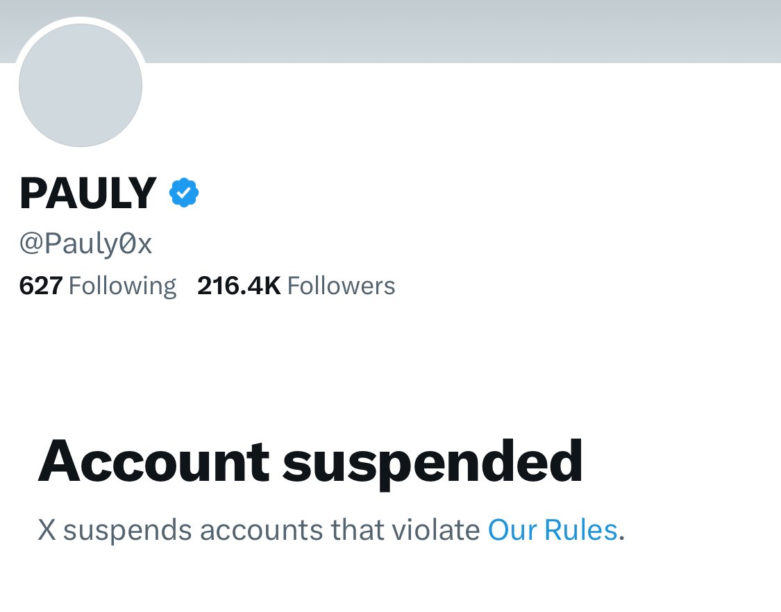 DegenerateNews's tweet photo. BREAKING: @Pauly0x HAS BEEN SUSPENDED ON @X https://t.co/ghi6ZOSUPw