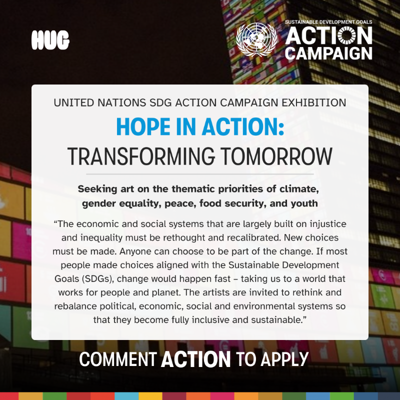 SDGaction's tweet photo. Open Call for Art! One of the most powerful ways to bring people together is through art.

We're seeking artists who're creating work in support of #ActSDGs to showcase at upcoming @UN events in #NewYork, #Rome &amp; beyond.

Submit on @thehugxyz until 15 Aug: https://t.co/AyK1N9qJyG
