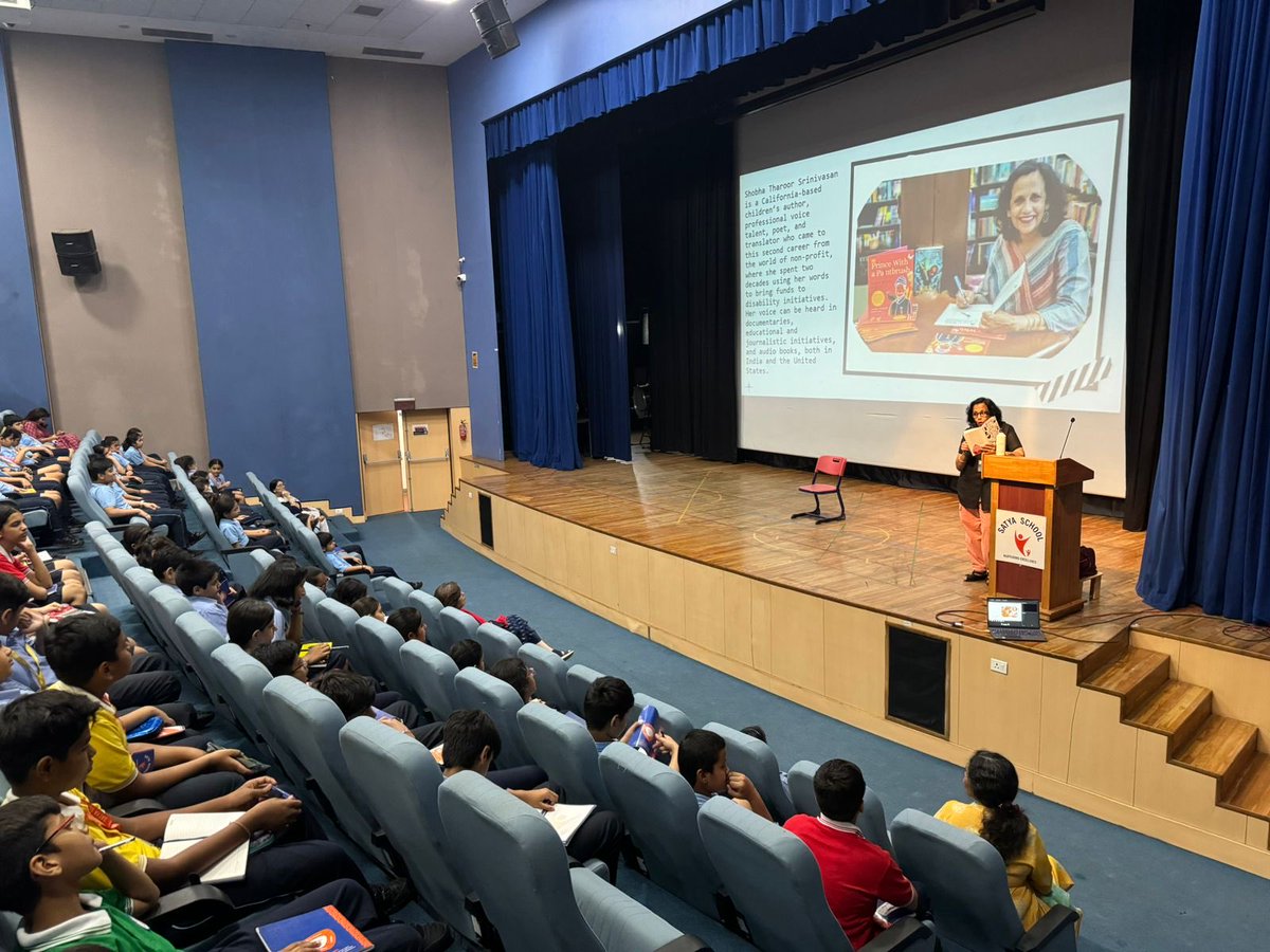 ShobhaTharoor's tweet photo. ⁦@satyaschoolggn⁩ invited me to speak to 4th, 5th &amp;6th grades about poetry. I told them about the new &amp;unexpected relationships between words, the music in poems, the fun of composition.They loved my read aloud &amp; the discovery of multiple poetic forms.⁦@AlephBookCo⁩ https://t.co/Q2LT2fKM5W