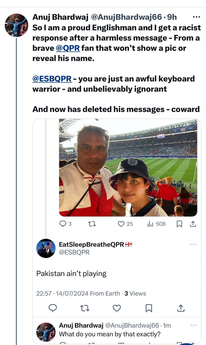 Solidarity with Anuj Bhardwaj. This is a shameful racist attack and we stand with you and your family Anuj. We must stand together, stand upxand oppose anyracism and ensure QPR is a club for all. Love the Rs Hate Racism.