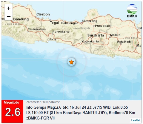 bmkgjogja's tweet photo. Info Gempa Mag:2.6, 16-Jul-24 23:37:15 WIB, Lok:8.55 LS,110.00 BT (81 km BaratDaya BANTUL-DIY), Kedlmn:70 Km ::BMKG-PGR VII https://t.co/kOkX3ykgz1