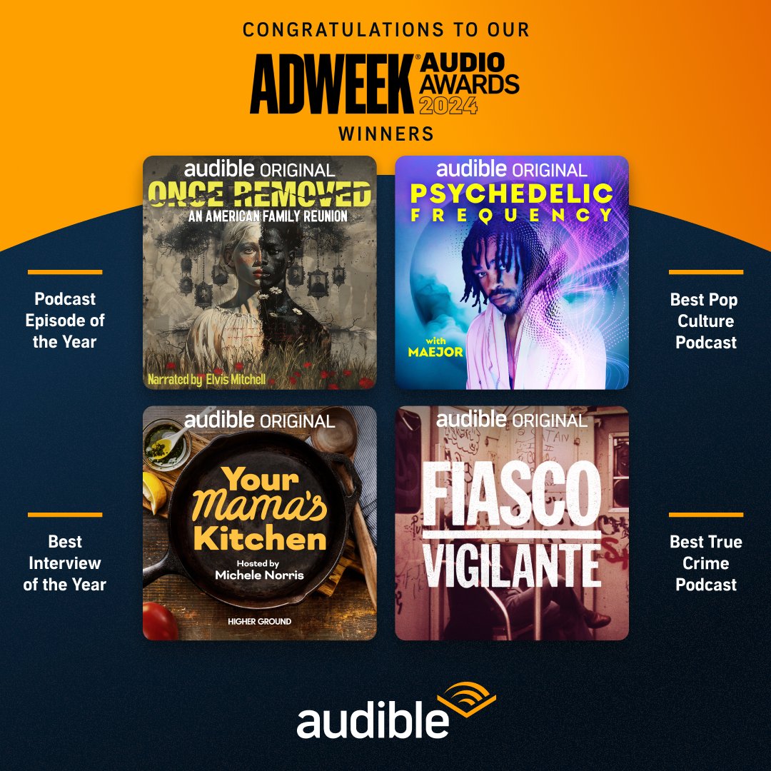 Adweek's tweet photo. Congratulations to all of our inspiring ADWEEK Audio Award winners, from your friends at @audible_com π #AudioUp @Maejor @ElvisMitchell @HGMedia @michele_norris @leoncrawl #PrologueProjects #insideaudible https://t.co/15EDX9nxno