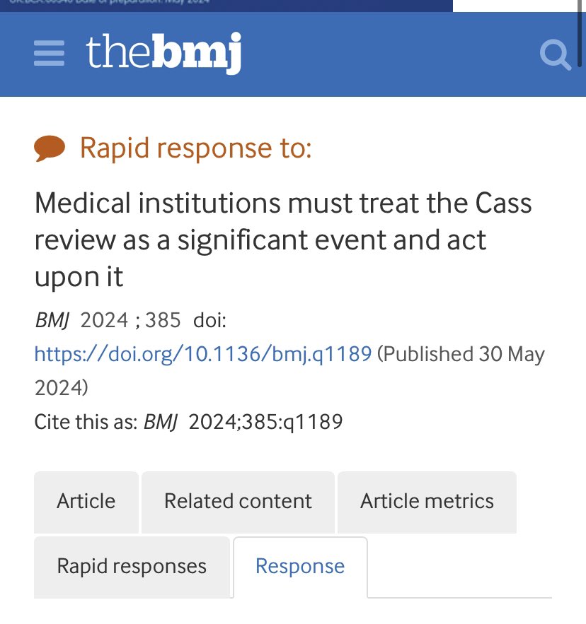 The bmj
Rapid response to
Medical institutions must treat the Cass review as a significant event and act upon it