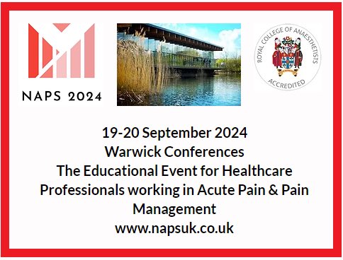Join us for the National Acute Pain Symposium this year on the 19th and 20th September at Warwick University. A great programme as always. See you there! ⁦<a href="/FeliciaJCox/">Felicia Cox FRCN 💙 💛</a>⁩ ⁦<a href="/BritishPainSoc/">The British Pain Society</a>⁩ ⁦<a href="/GillChumbley/">Dr Gillian Chumbley OBE 💙</a>⁩ ⁦<a href="/tefwalton/">Tom Walton</a>⁩ ⁦<a href="/NAPS_UK/">National Acute Pain Symposium</a>⁩
