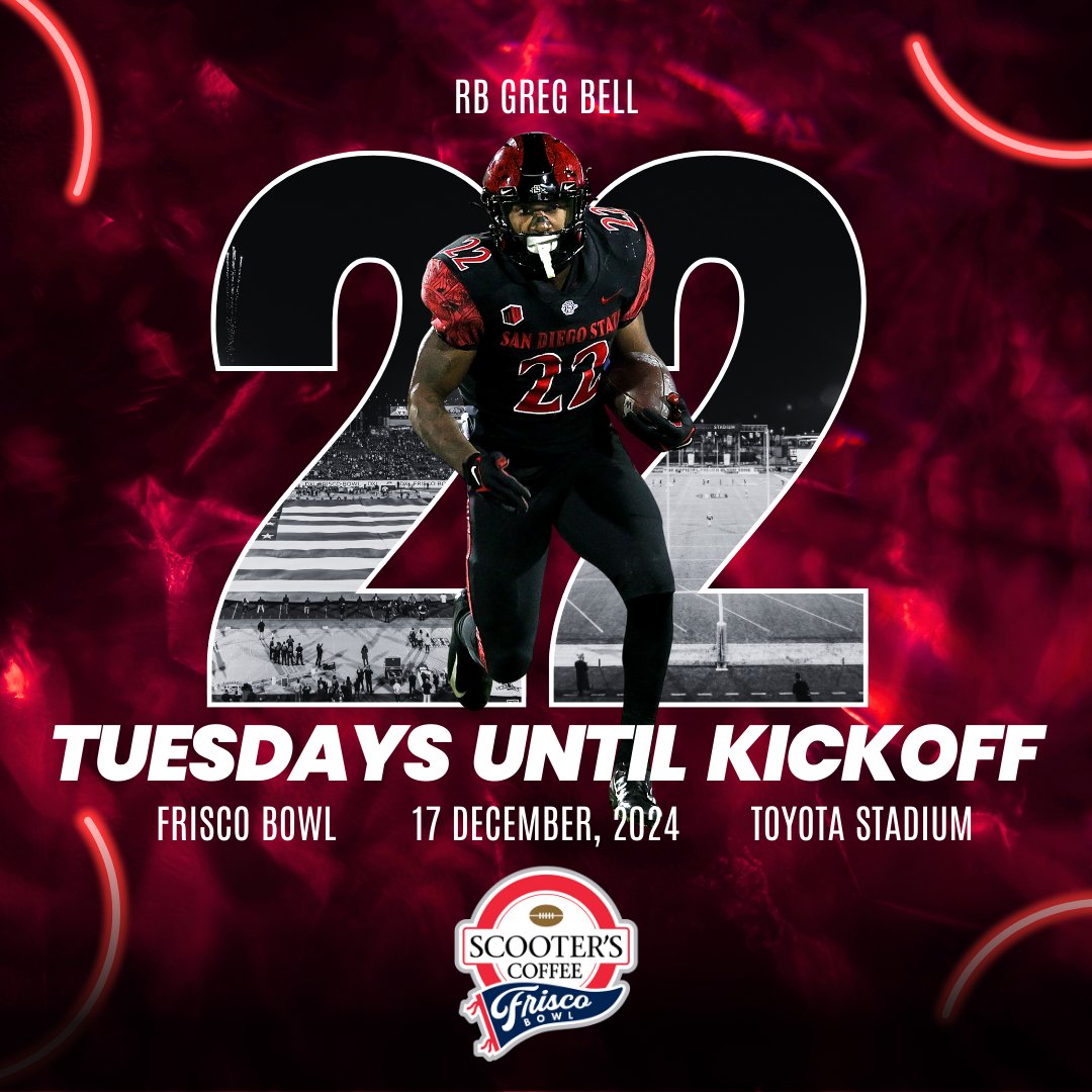 FriscoBowlGame's tweet photo. 🏈✨ We’re counting down 22 Tuesdays until kickoff! Today, we’re featuring San Diego State running back Greg Bell, who ran for 101 yards and a touchdown on 26 attempts against UTSA in the 2021 Frisco Bowl!
#friscobowl #countdowntokickoff #gregbell #scooterscoffee #cfb #bowl https://t.co/vc8nhVEfx3