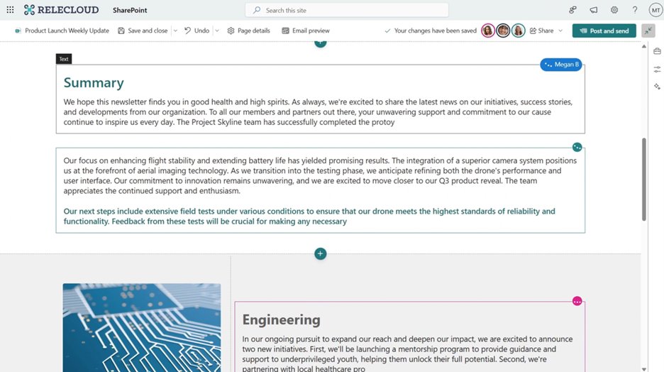 SharePoint's tweet photo. RELEASE UPDATE 📢 Starting roll out

Introducing | Coauthoring for #SharePoint pages and news. Multiple authors can edit the same page at the same time, without having to take turns. 

🆕 blog + demo video | 👥📝 https://t.co/AcEDRclu9T by @MelTorac https://t.co/iS8AShkZws