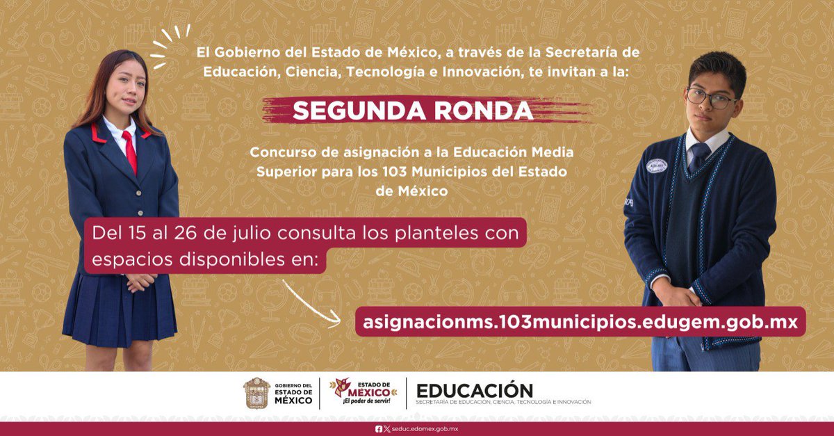 ConalepElOro's tweet photo. 📷 #TomaNota
¡Ya se encuentra abierta la segunda ronda del Concurso de Asignación de la #EducaciónMediaSuperior para los #103Municipios!
Regístrate del 15 al 26 de julio 📷 en https://t.co/EqgekOsxrx
#103MunicipiosEdoméx
#EducaciónMediaSuperior
@DGEMSedomex
@educacionEdomex https://t.co/5cuT93fJGm