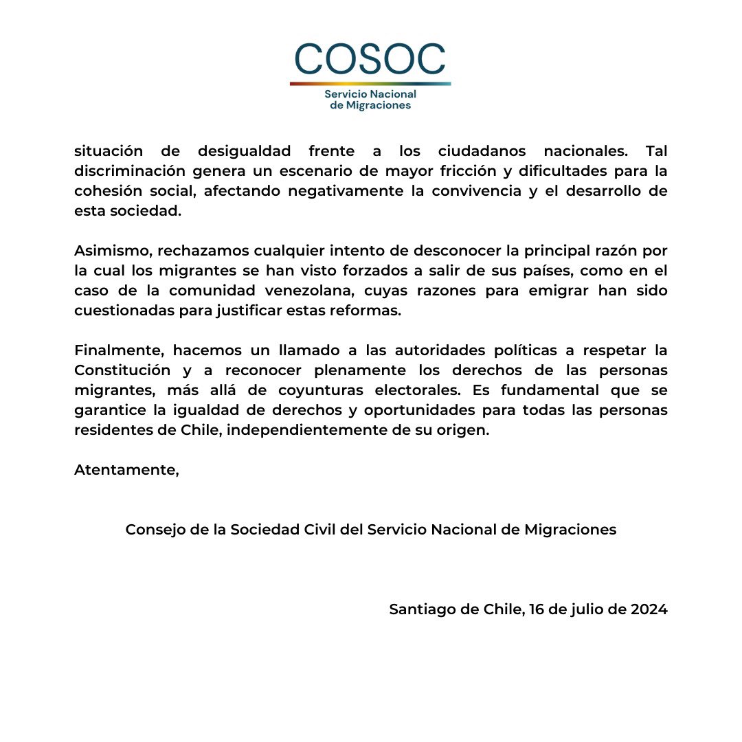 EL CONSEJO DE LA SOCIEDAD CIVIL DEL SERVICIO NACIONAL DE MIGRACIONES RECHAZA LA PROPUESTA CONSTITUCIONAL DE LIMITAR LOS DERECHOS POLÍTICOS DE LOS RESIDENTES EXTRANJEROS EN CHILE