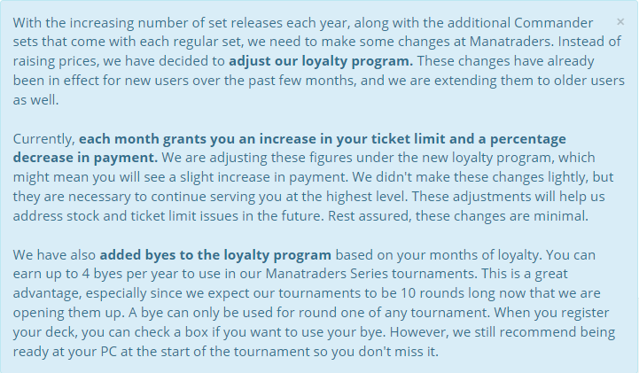 GR_DONKIN's tweet photo. My brain is absolutely melted at the decision from @Mana_Traders To nuke rental limits and HALF ALL PAST AND FUTURE LOYALTY BONUSES. It is mind blowing to me that the company has decided that my 3+ years of loyalty means so much less. https://t.co/9f8oL5K9bq