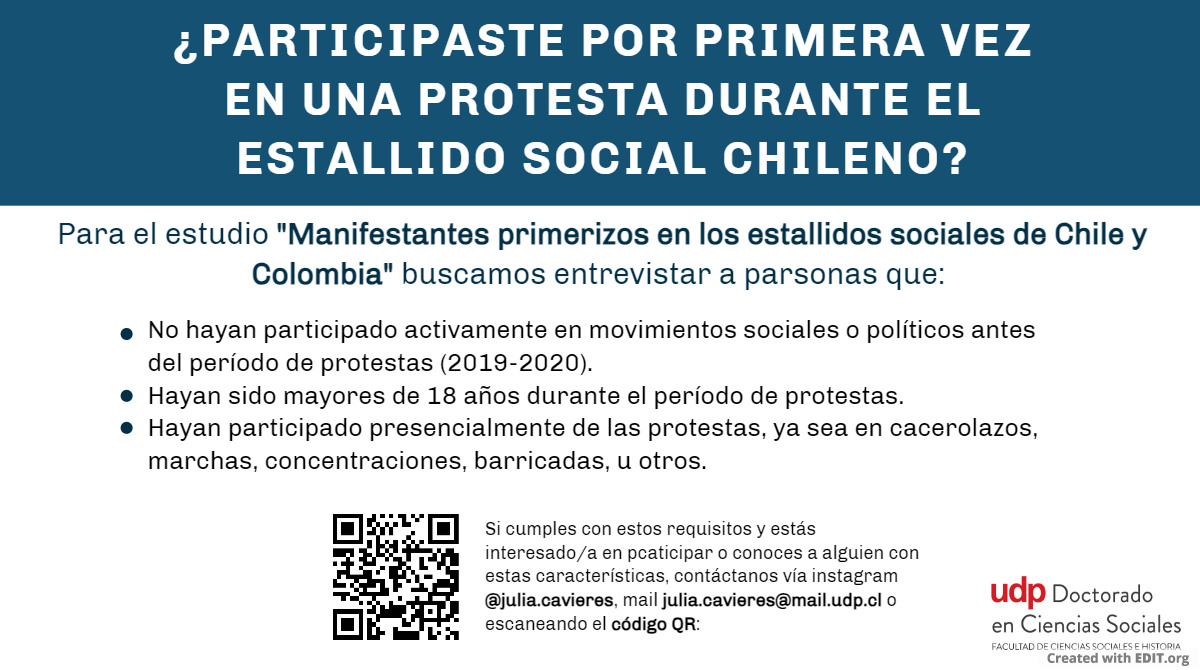 Estoy buscando entrevistados para mi proyecto doctoral donde estudio a manifestantes primerizos del estallido social chileno y colombiano. Toda ayuda y retweet es bienvenida!