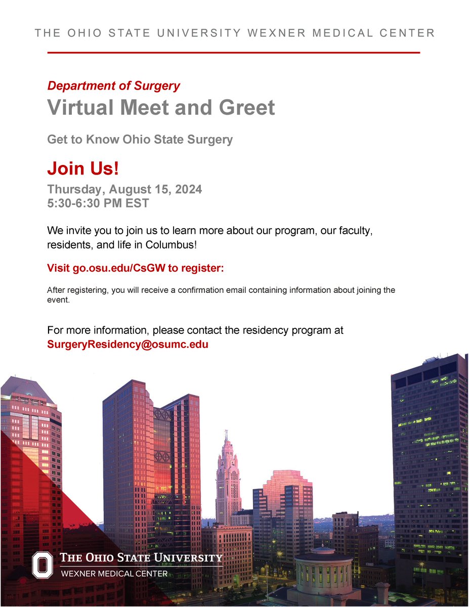 Learn all about our incredible #OhioStateSurg #gensurgresidency program this summer! We have our first virtual meet and greet Thursday, Aug. 15, at 5:30 p.m. Register here: go.osu.edu/CsGW ❤️🩶