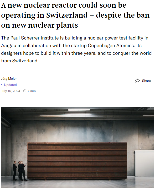 HopfJames's tweet photo. Copenhagen Atomics plans to build a molten salt test reactor at Switzerland's Paul Scherrer Institute, in the Canton of Aargau.  The reactor will operate at a power level under 1 MW.  They plan to start operation in 2027.  Article link in reply.

Switzerland's moratorium on nuclear plant construction does not apply to test reactors.