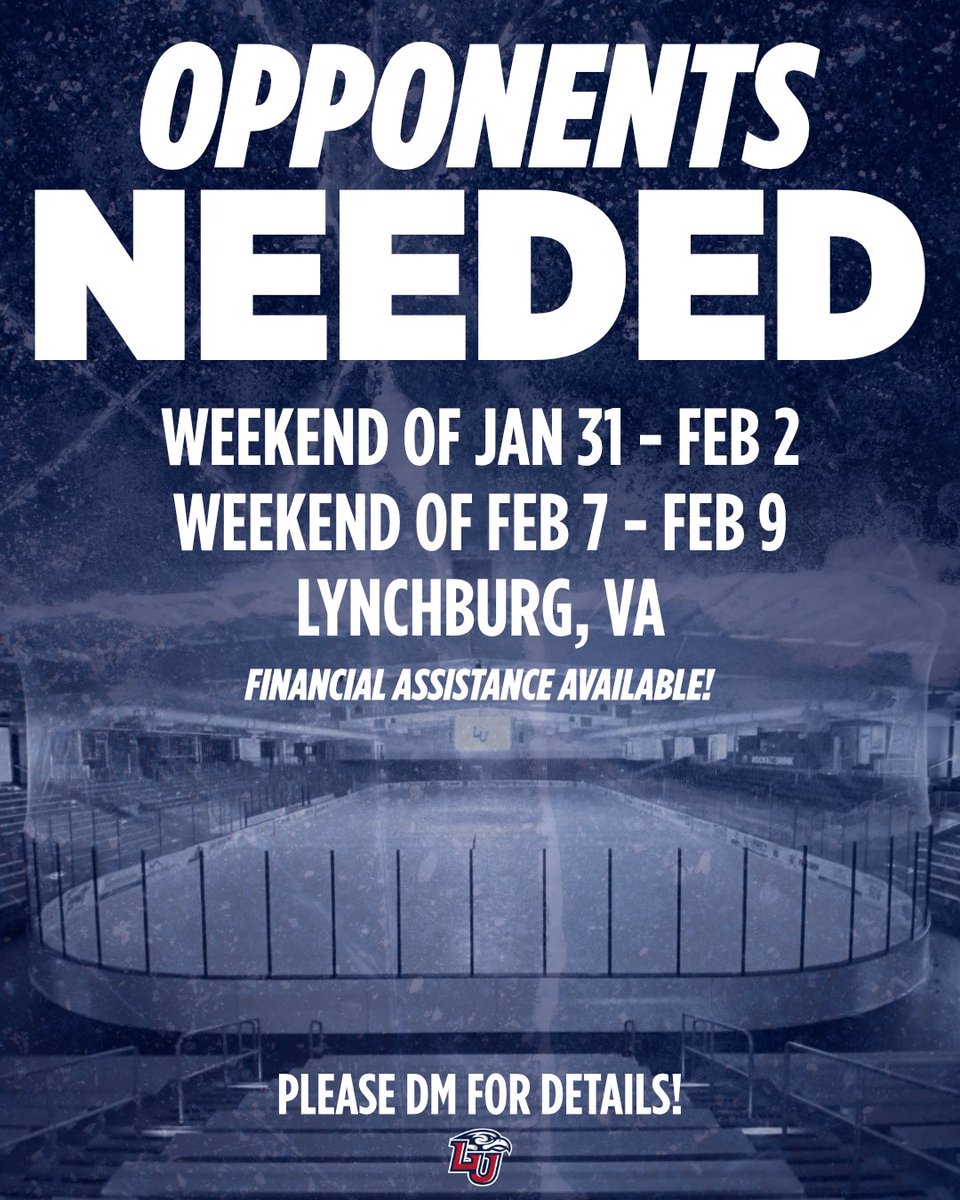‼️OPPONENTS NEEDED‼️

We are in search of opponents to host at the Lahaye Ice Center on the following dates: 

Weekend of Jan. 31 - Feb. 2
Weekend of Feb. 7 - Feb. 9

Please DM for further details!