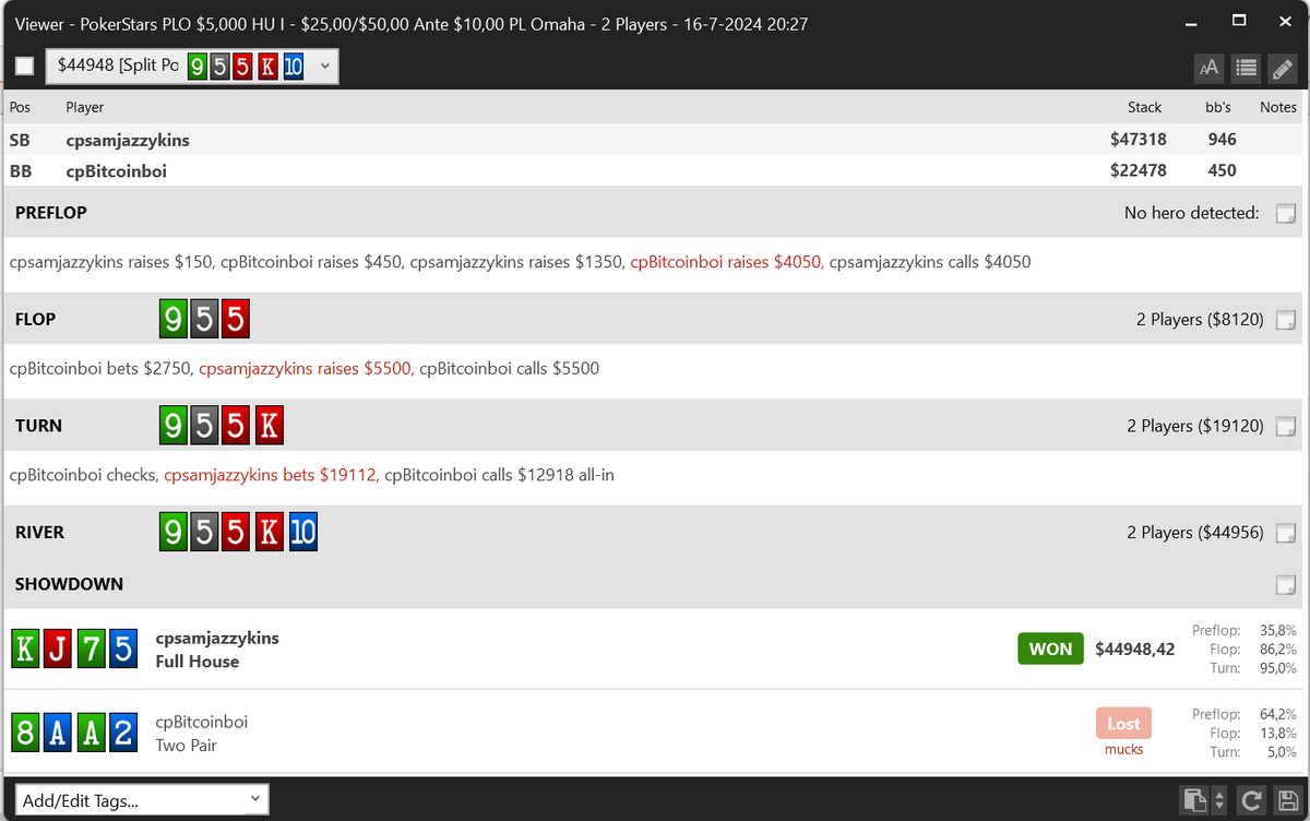 Crazy HU session vs Sam on <a href="/CoinPoker_OFF/">CoinPoker</a> 

Stacks were flying and here are some of the biggest pots that we played

Giving away 1% ($1,348) of my winnings to a random person that follows + retweets
