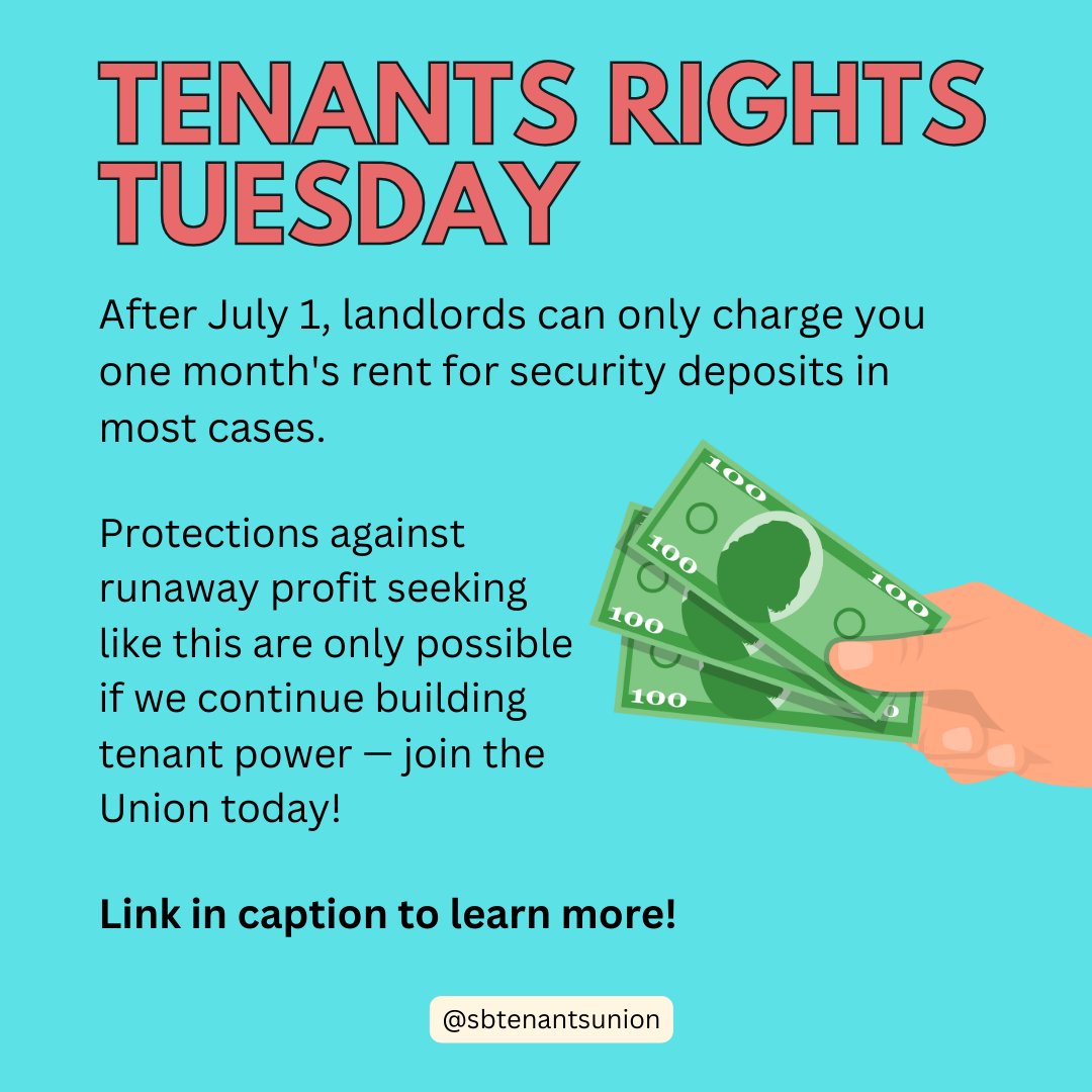 As of July 1st, tenants have new protections limiting the amount of money landlords can collect for a security deposit. These protections are only possible through tenant advocacy and organizing! Let's keep the momentum going!!⁠

oag.ca.gov/system/files/m…