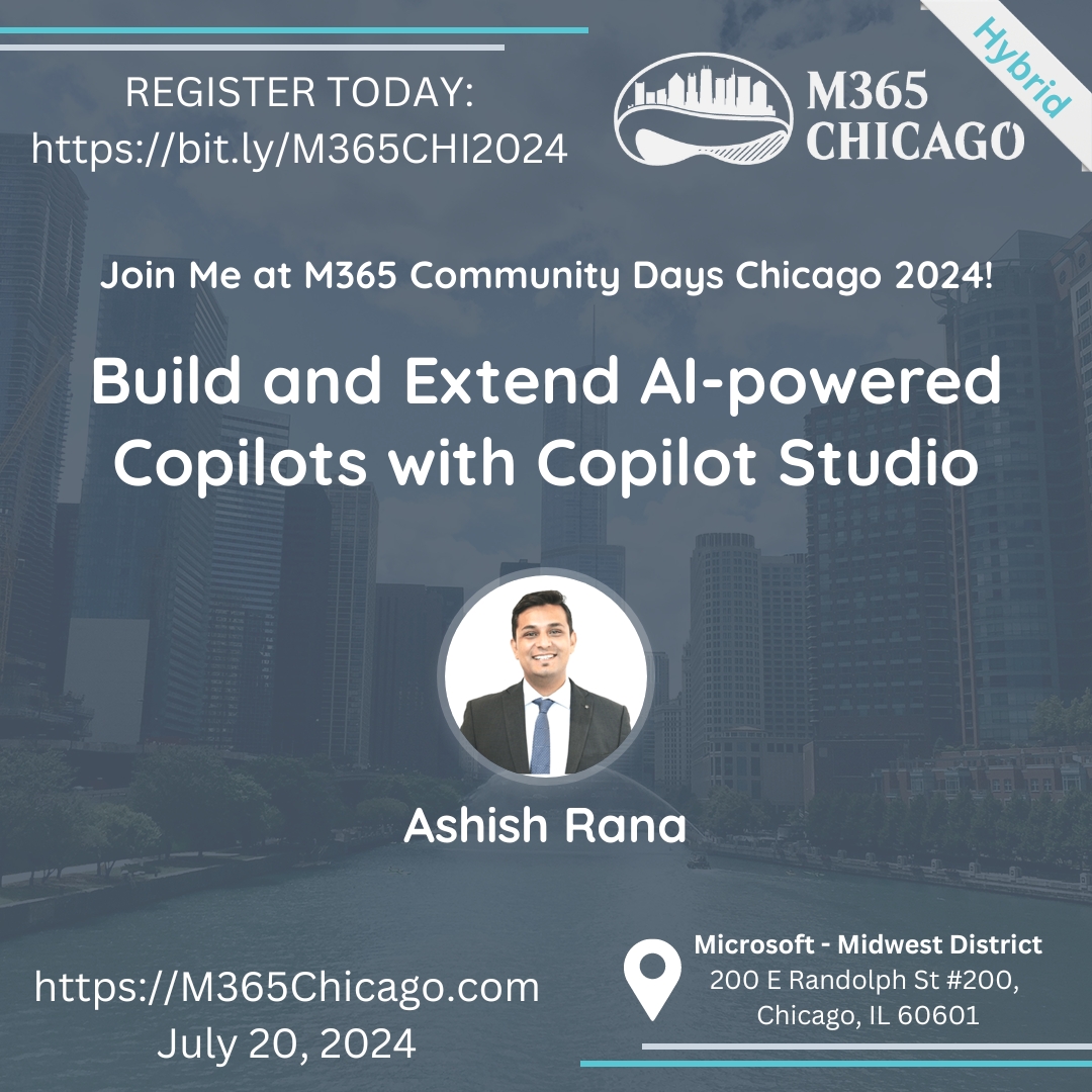 Excited about bot development? Join <a href="/Canada365guy/">Ashish Rana 📈</a> for Microsoft Copilot Studio: Overview, benefits, setup, bot creation, managing topics, best practices, and testing. Don't miss this essential session!#M365Chicago #M365 #CommunityLuv #CommunityRocks bit.ly/45lCQdA