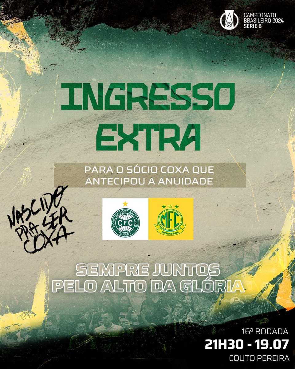Coritiba's tweet image. 🏟️ Ingressos à venda
💵 Ingresso Extra para quem antecipou a anuidade e ainda não usou o benefício 
⚽ CFC x MIR
🏆 16ª rodada - @BrasileiraoB 
🗓️ 19/07 21h30

#SempreJuntosPeloAltodaGlória