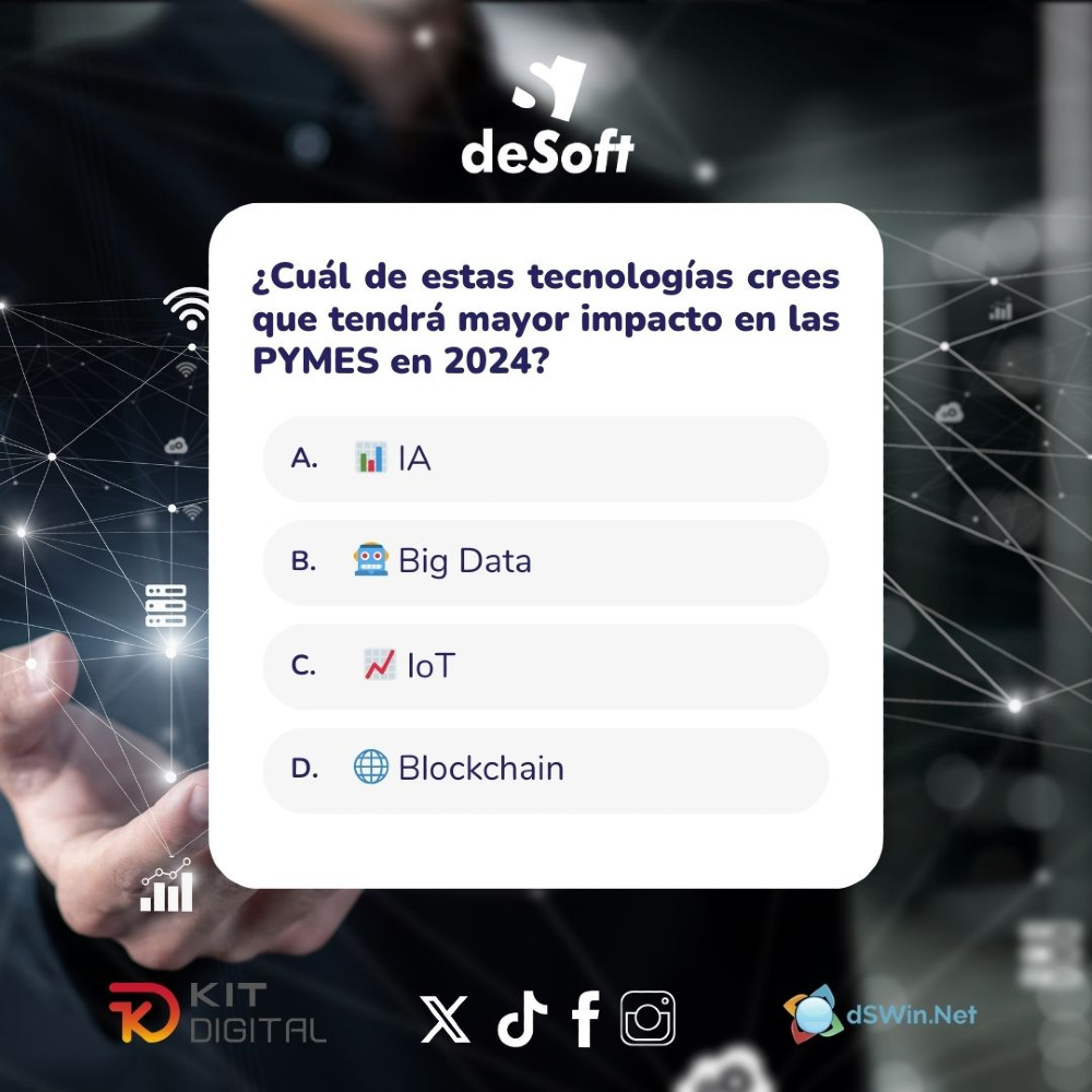 deSoftSpain's tweet photo. 🌟 ¿Cuál de estas tecnologías crees que tendrá mayor impacto en las PYMES en 2024?

📊 a) IA
🤖 b) Big Data
📈 c) IoT
🌐 d) Blockchain

🔗 #EncuestaDigital #Innovación" https://t.co/lOYf8Dj4eO