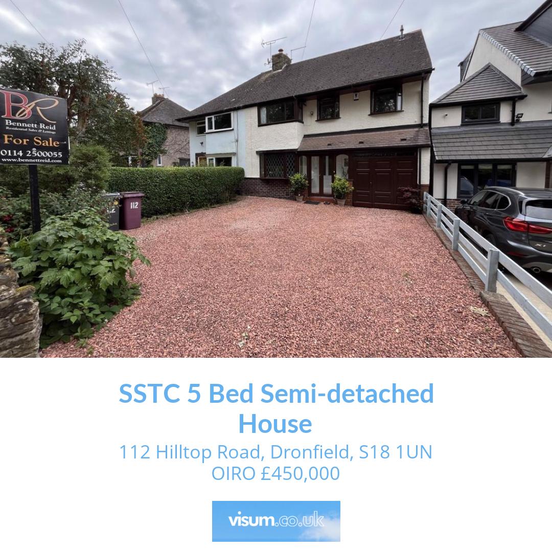 112 Hilltop Road, Dronfield, S18 1UN

🛏 5 bed 
🛋 3 reception 
🚿 2 bath 

SSTC 5 Bed Semi-detached House OIRO £450,000 

📲 Get in touch with our team today! 

📞01455 364911 
📧 onthemarket-enquiries@visum.co.uk