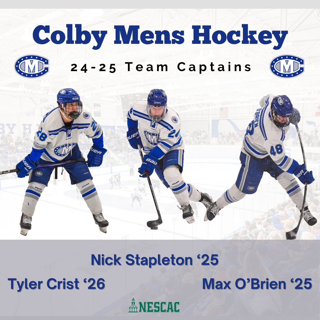 Here are your 24-25 Colby Mens Hockey Captains: Nick Stapleton, Max O'Brien, and Tyler Crist!