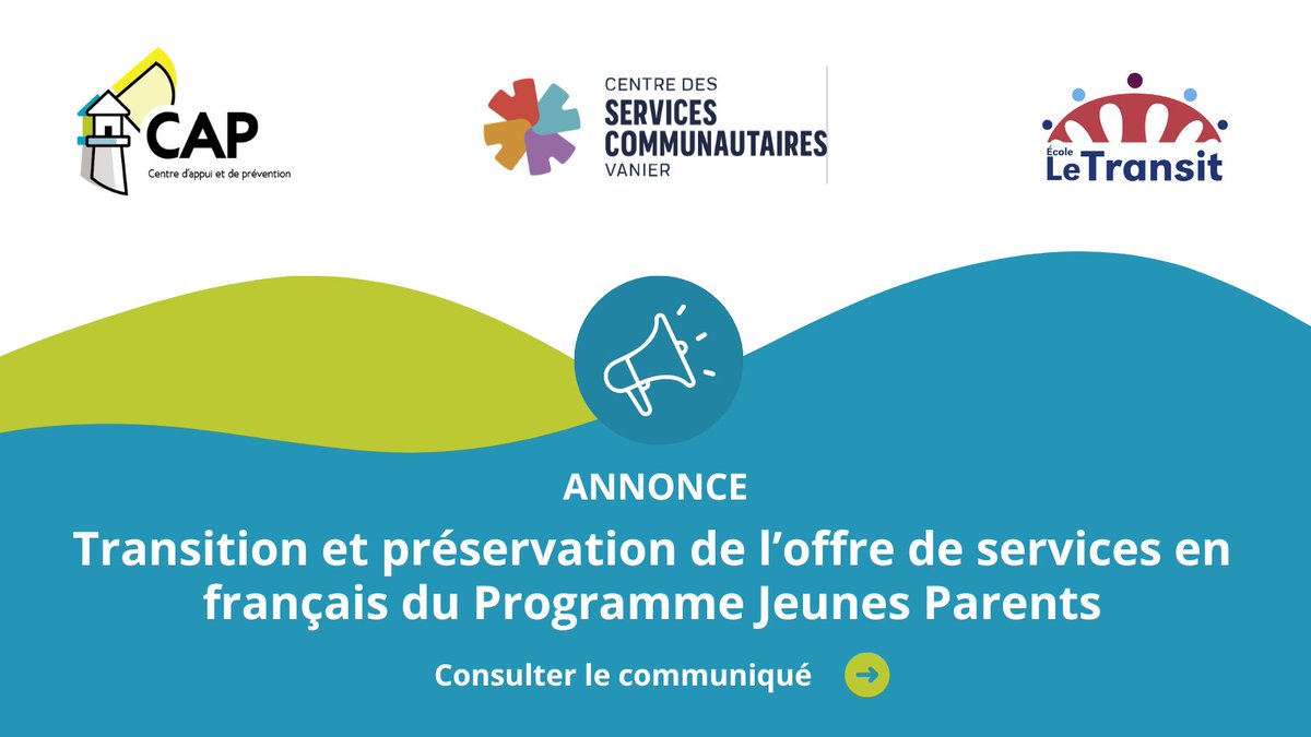 Le_CAP_ON's tweet image. 🎇Nouveau partenariat ! Le Programme Jeunes Parents du CAP sera maintenant offert par le @CSCVanier en partenariat avec le @MonCepeo et l'école Le Transit. 
✅Diversification des services pour les jeunes parents #franco ! 
Consulter le communiqué : ow.ly/m1NG50SCoIB
#LeCAP