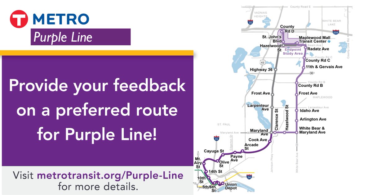 Provide your feedback on the best route for the Purple Line now through August 30 on our website and at upcoming events. Visit metrotransit.org/purple-line for more details #BRTaFasterRide
