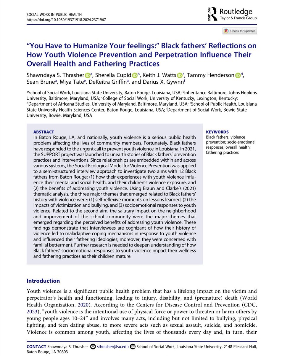 How serendipitous that our study, which amplifies the voices of Black fathers regarding youth violence, was accepted for publication in Social Work and Public Health on Father's Day Weekend! 💜