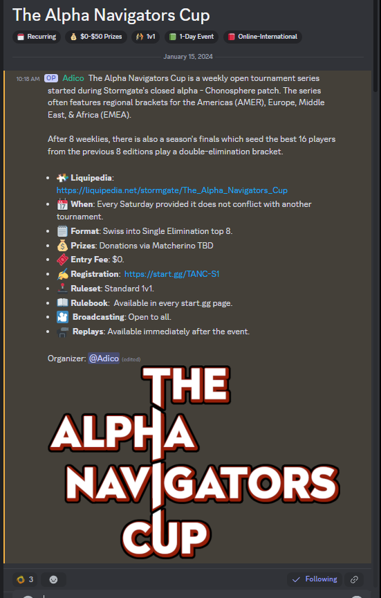Are you looking to:
- Play in
- Organize
- Spectate
- Cast
Grassroots <a href="/PlayStormgate/">Stormgate</a> events? Then check out the 🌐 Stormgate Tournament Collective Discord &amp; 📆Calendar.

💬Discord: discord.gg/SKsk6kSK8u

📆Calendar: docs.google.com/spreadsheets/d…
