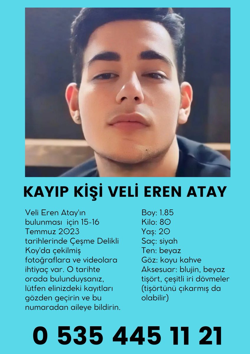 #KayıpVeliErenAranıyor <a href="/TC_icisleri/">T.C. İçişleri Bakanlığı</a> <a href="/tcbestepe/">T.C. Cumhurbaşkanlığı</a> <a href="/eczozgurozel/">Özgür Özel</a> <a href="/ekrem_imamoglu/">Ekrem İmamoğlu</a> <a href="/erush2004/">velierenatay</a> 
Sesimizi duyun bu evlat 1 yıldır kayıp