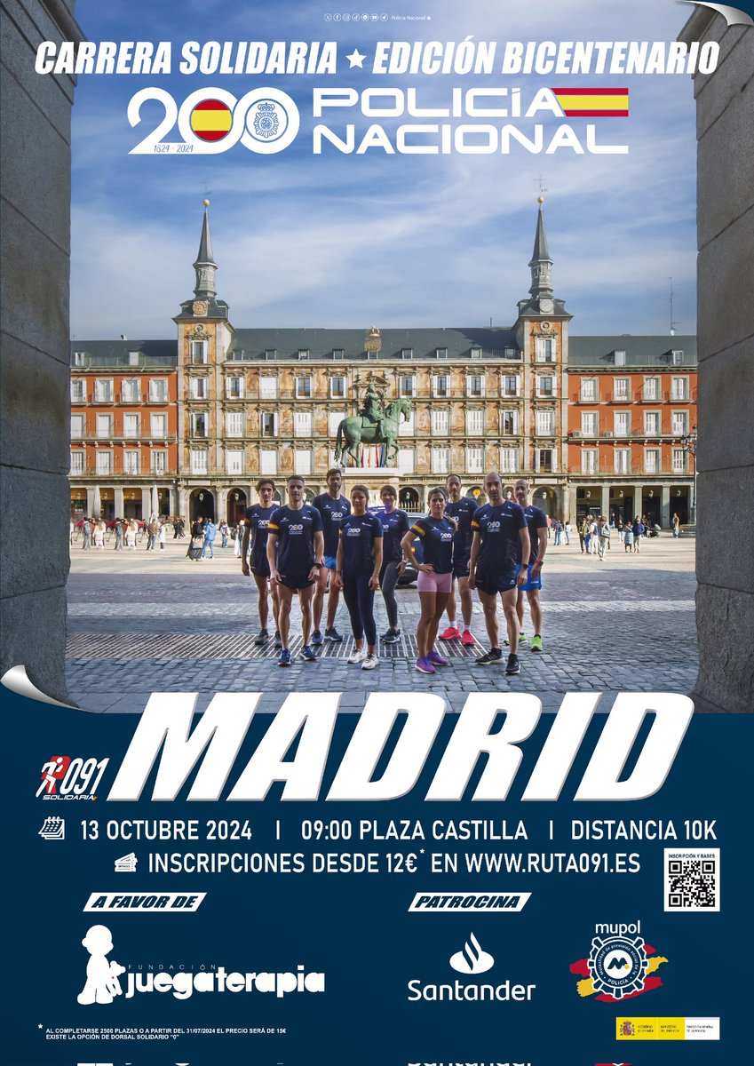 soycorredor_es's tweet photo. 🏃🏻‍♂️🏃‍♀️ Celebra corriendo los 200 años de la Policía Nacional.

▶️ El 13 de octubre, sobre 10 kilómetros (por algunas de las calles más emblemáticas de Madrid).

https://t.co/kdAGbJ5H6Y

@policia https://t.co/AlTZ6rrdsA