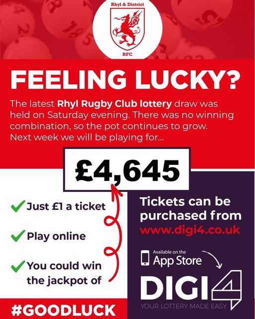 RhylRugbyClub's tweet photo. Jackpot now stands at £4,645 🤩🌞What would you do with it??
💳 Tickets just £1 each
Next draw is on 📆 Wed 17th July at 8pm
Easy to enter - register online at https://t.co/eJBCGBk2VY or download the
DIGI4 App from the AppStore
#wearerhylrfc #rhylrfc #wearerhyl #rhylrugbyclub https://t.co/gFhDu5dSil