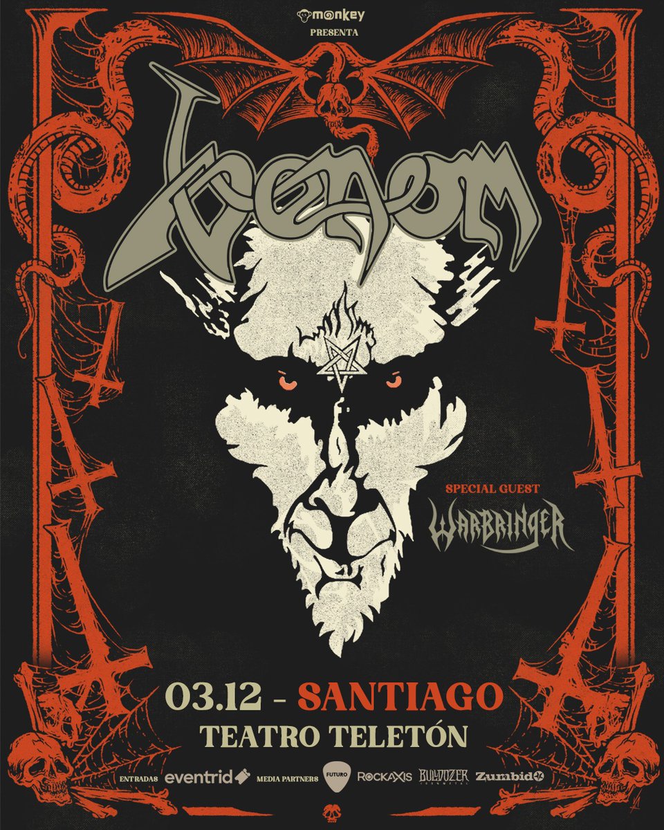 Una de las más legendarias bandas del metal de la vieja escuela regresa a Chile.
#Venom alista una nueva visita al país para el 3 de diciembre de 2024 en Teatro Teletón. 😈🔥

Junto a ellos estarán los californianos de Warmbringer. 

Produce <a href="/monkey_chile/">monkey_chile</a>