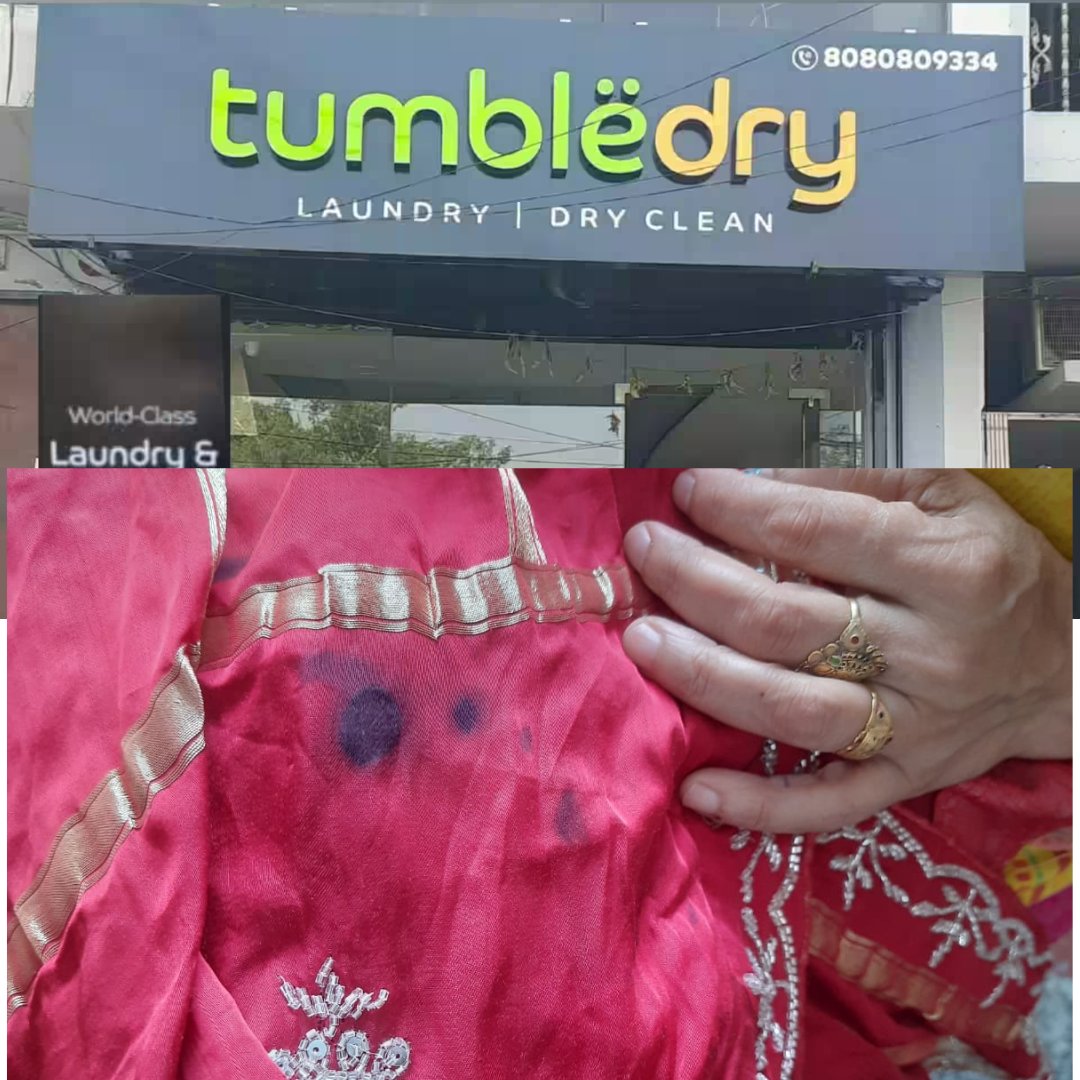 rocyogesh's tweet photo. Had a terrible experience with
@tumbledryindia
. Took a 1-day-old lehenga with red mark spots for dry cleaning, and they returned it with a big ink stain! They were rude and customer care was no help. Ruined my wife's new lehenga. Worst experience ever. Avoid
@tumbledryindia
! https://t.co/t0Z14A1RZH